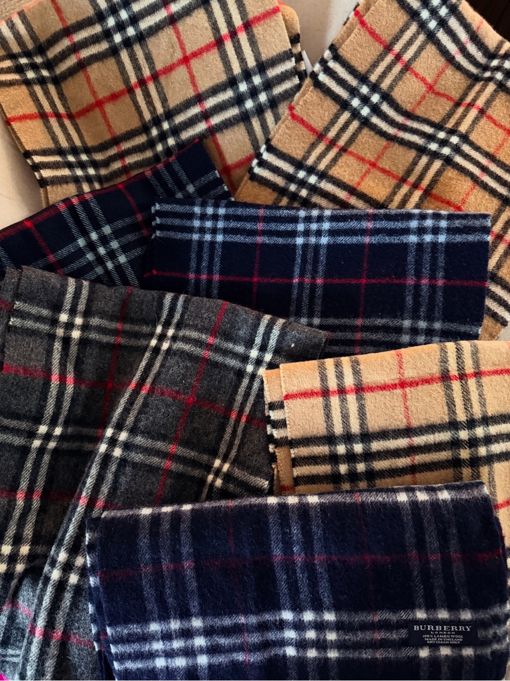 Authentic Burberry Plaid scarf in Camel, Navy & Gray